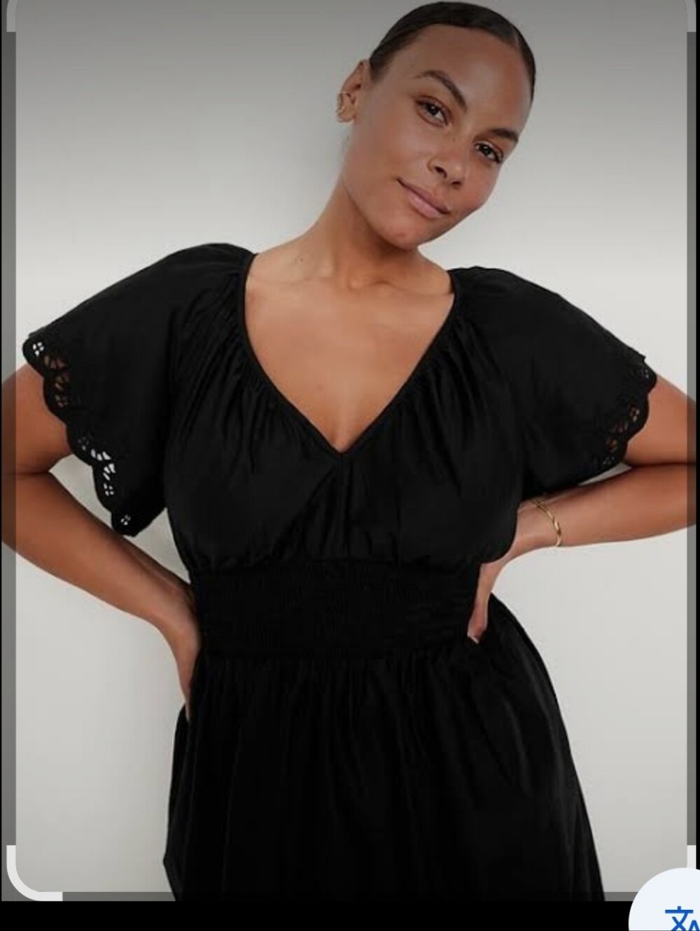Black Smocked Waist V‑Neck Dress with Eyelet Sleeves